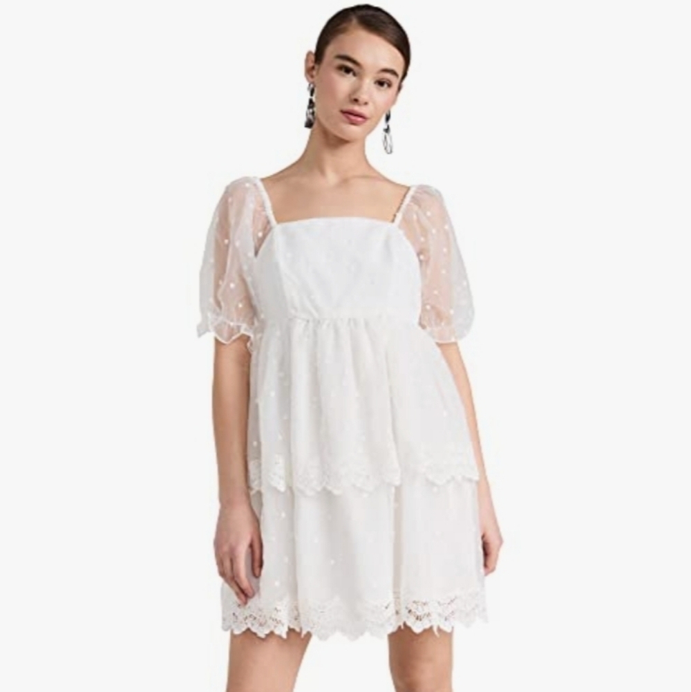 English Factory White Swiss Dot Puff-Sleeve Tierd Eyelet Mini Dress. Sz XS LWD - Picture 3 of 11